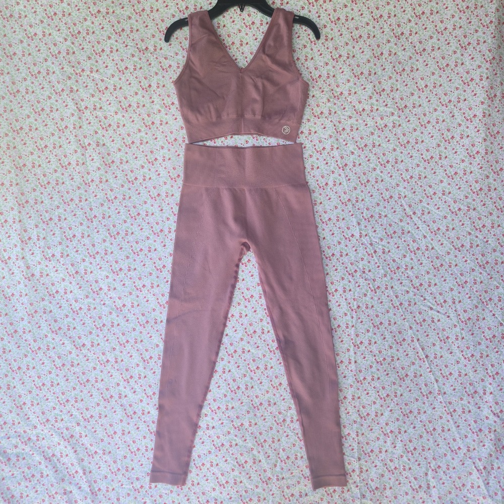 Savvi Ashtanga Seamless Yoga Set Mauve Ribbed Top Compression Leggings Medium